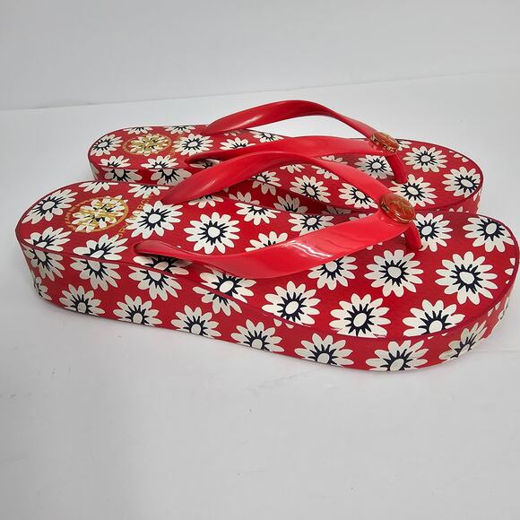 Tory Burch Red Flower Print Wedge Heel Flip Flop Sandals Women's Size Unmarked - Picture 4 of 12